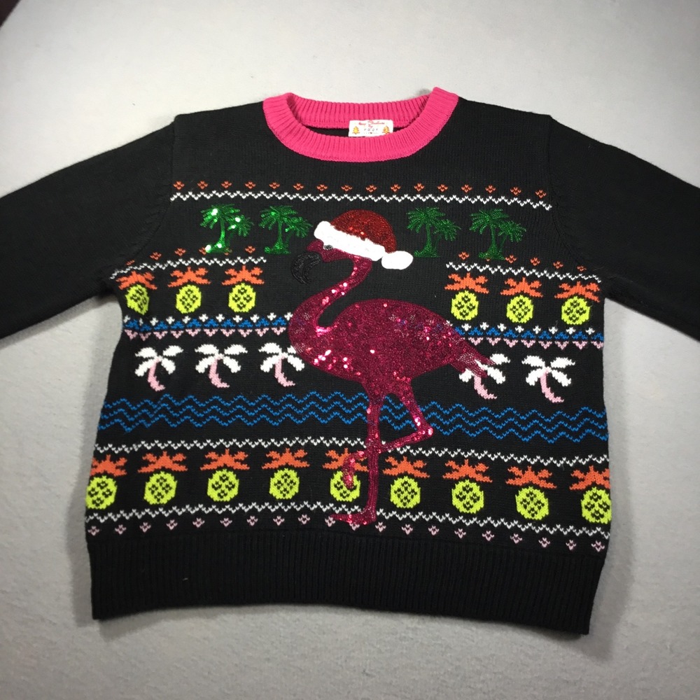 Poof New York Christmas Sweater Large Black Flamingo Sequin Tropical Pineapple